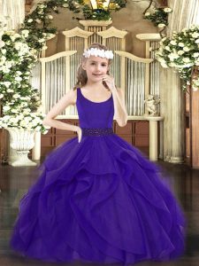 Attractive Beading and Ruffles Girls Pageant Dresses Purple Zipper Sleeveless Floor Length
