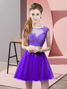  Purple Two Pieces Appliques Prom Dresses Zipper Tulle Sleeveless Mini Length