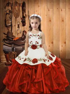  Red Ball Gowns Straps Sleeveless Organza Floor Length Lace Up Ruffles Girls Pageant Dresses
