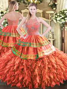 Delicate Rust Red Halter Top Zipper Beading and Ruffles and Sequins 15 Quinceanera Dress Sleeveless