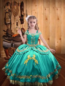  Aqua Blue Satin Lace Up Kids Formal Wear Sleeveless Floor Length Beading and Embroidery
