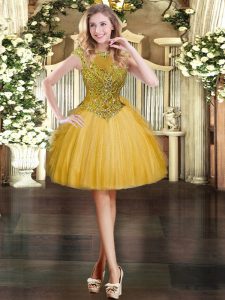  Gold Ball Gowns Beading and Ruffles Zipper Tulle Cap Sleeves Mini Length
