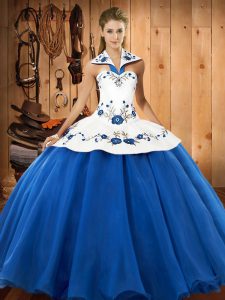  Ball Gowns Sweet 16 Dress Blue And White Halter Top Satin and Tulle Sleeveless Floor Length Lace Up