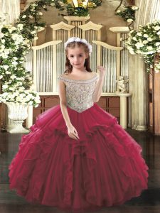Unique Off The Shoulder Sleeveless Little Girl Pageant Dress Floor Length Beading and Ruffles Fuchsia Organza