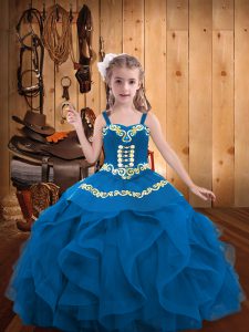 Inexpensive Sleeveless Floor Length Embroidery and Ruffles Lace Up Little Girls Pageant Dress Wholesale with Blue