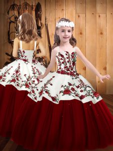 Latest Floor Length Lace Up Pageant Gowns For Girls Red for Sweet 16 and Quinceanera with Embroidery
