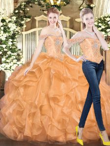  Orange Red Two Pieces Organza Off The Shoulder Sleeveless Beading and Ruffles Floor Length Lace Up 15 Quinceanera Dress