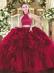 Top Selling Fuchsia Ball Gowns Organza Halter Top Sleeveless Beading and Ruffles Floor Length Backless Sweet 16 Dress