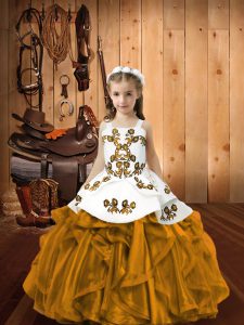 Hot Selling Brown Ball Gowns Embroidery and Ruffles Little Girls Pageant Gowns Lace Up Organza Sleeveless Floor Length
