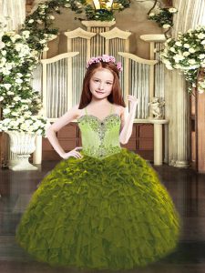 Great Floor Length Lace Up Child Pageant Dress Olive Green for Party and Quinceanera with Beading and Ruffles