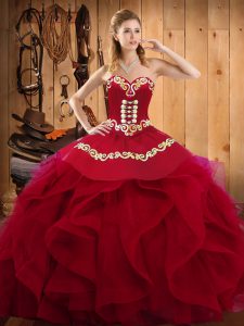  Organza Sweetheart Sleeveless Lace Up Embroidery and Ruffles 15 Quinceanera Dress in Burgundy