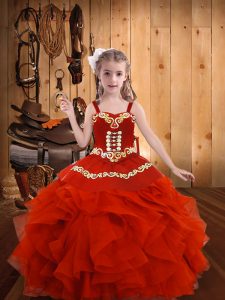 Wonderful Coral Red Organza Lace Up Kids Pageant Dress Sleeveless Floor Length Embroidery and Ruffles