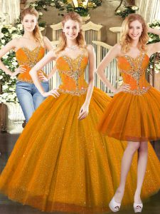  Orange Red Tulle Lace Up Ball Gown Prom Dress Sleeveless Floor Length Beading
