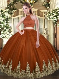 Sexy Floor Length Rust Red Sweet 16 Quinceanera Dress Tulle Sleeveless Beading and Appliques