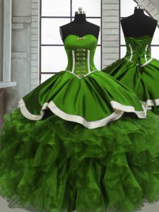 Classical Green Sleeveless Floor Length Beading and Ruffles and Ruching Lace Up Quinceanera Gown