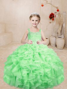  Sleeveless Organza Floor Length Lace Up Custom Made in Apple Green with Beading and Ruffles