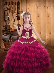  Fuchsia Sleeveless Embroidery and Ruffled Layers Floor Length Casual Dresses