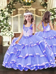 High End Lavender Straps Neckline Beading and Ruffled Layers Little Girls Pageant Dress Wholesale Sleeveless Lace Up