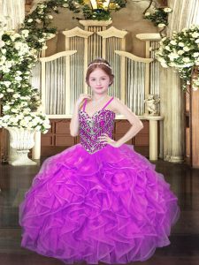 Sweet Lilac Sleeveless Floor Length Beading and Ruffles Lace Up Pageant Gowns For Girls
