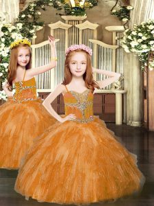 Rust Red Sleeveless Tulle Lace Up Little Girl Pageant Dress for Party and Quinceanera