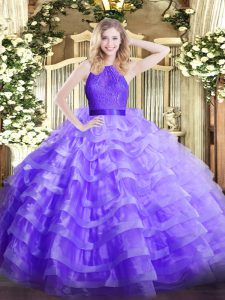 Stylish Lavender Sleeveless Organza Zipper Vestidos de Quinceanera for Military Ball and Sweet 16 and Quinceanera