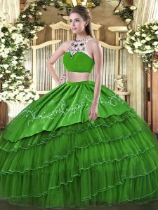 Modern Floor Length Green Sweet 16 Dresses Tulle Sleeveless Beading and Embroidery and Ruffles