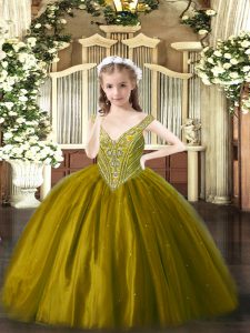  Sleeveless Lace Up Floor Length Beading Party Dress for Girls