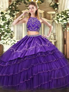 High Class Tulle High-neck Sleeveless Zipper Beading and Embroidery and Ruffled Layers Sweet 16 Quinceanera Dress in Purple