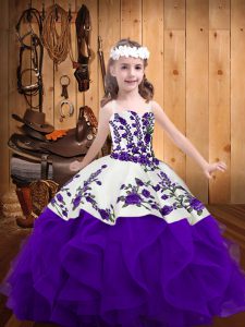 High Class Floor Length White And Purple Little Girls Pageant Dress Straps Sleeveless Lace Up