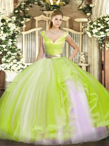 Fashion Yellow Green Quinceanera Dress Military Ball and Sweet 16 and Quinceanera with Beading and Ruffles V-neck Sleeveless Zipper