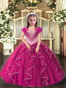 Top Selling Fuchsia Kids Formal Wear Sweet 16 and Quinceanera with Embroidery and Ruffles Straps Sleeveless Lace Up