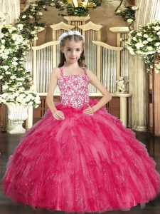  Floor Length Lace Up Little Girls Pageant Gowns Hot Pink for Party and Sweet 16 and Quinceanera and Wedding Party with Beading and Ruffles