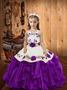 Fantastic Embroidery and Ruffles Girls Pageant Dresses Purple Lace Up Sleeveless Floor Length