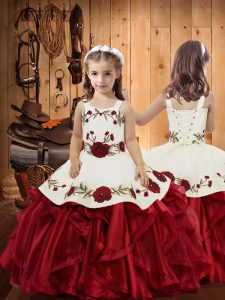 Graceful Wine Red Lace Up Little Girls Pageant Gowns Embroidery and Ruffles Sleeveless Floor Length