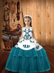 Elegant Teal Tulle Lace Up Straps Sleeveless Floor Length Little Girl Pageant Dress Embroidery