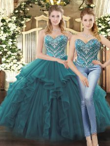 Luxurious Sleeveless Tulle Floor Length Lace Up Sweet 16 Dresses in Teal with Beading and Ruffles