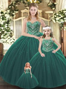  Dark Green Ball Gowns Sweetheart Sleeveless Tulle Floor Length Lace Up Beading Sweet 16 Quinceanera Dress