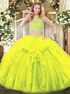 Classical Yellow Green Sleeveless Floor Length Beading and Ruffles Backless Quinceanera Gowns