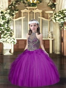  Beading and Ruffles Pageant Gowns For Girls Purple Lace Up Sleeveless Floor Length