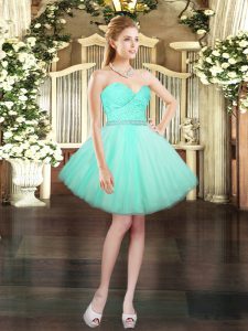 Exceptional Sleeveless Mini Length Beading and Lace Lace Up Prom Dress with Aqua Blue