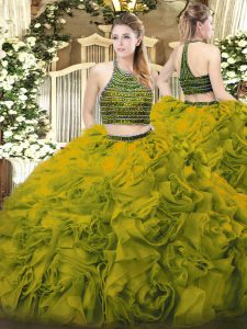  Floor Length Zipper Quinceanera Gowns Olive Green for Military Ball and Sweet 16 and Quinceanera with Beading and Ruffles