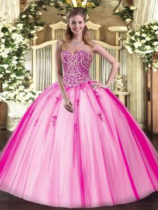  Hot Pink Ball Gowns Beading Vestidos de Quinceanera Lace Up Tulle Sleeveless Floor Length