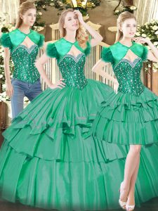  Sleeveless Tulle Floor Length Lace Up 15 Quinceanera Dress in Turquoise with Beading and Ruffled Layers