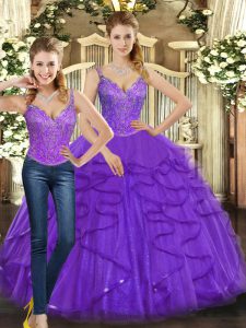 Sophisticated Floor Length Purple Sweet 16 Dresses Straps Sleeveless Lace Up