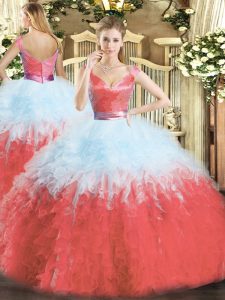 Elegant Multi-color Quinceanera Gown Military Ball and Sweet 16 and Quinceanera with Ruffles V-neck Sleeveless Zipper