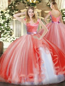Fitting Watermelon Red Zipper 15th Birthday Dress Ruffles Sleeveless Floor Length
