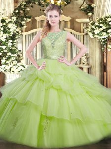 New Style Yellow Green Backless Scoop Beading and Ruffled Layers Sweet 16 Dress Tulle Sleeveless
