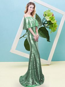  Short Sleeves Sequined Floor Length Zipper Prom Dresses in Turquoise with Sequins