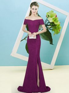  Purple Zipper Off The Shoulder Sequins Prom Dress Sequined Short Sleeves Sweep Train