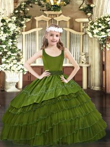  Organza Scoop Sleeveless Zipper Beading and Embroidery and Ruffled Layers Child Pageant Dress in Olive Green